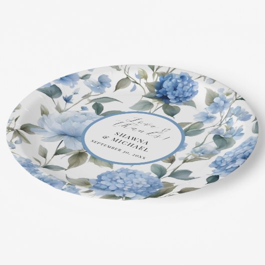 Lente Floral Modern Elegant Blauw Op Witte Bruilof Papieren Bordje (Gekanteld)