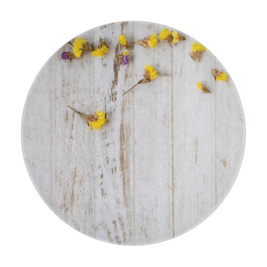 Lente gele bloemen, witte plank decor. snijplank (Voorkant)