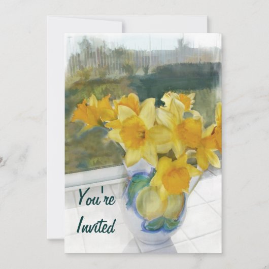 Lente gele deffodis in een venster kaart (Voorkant)