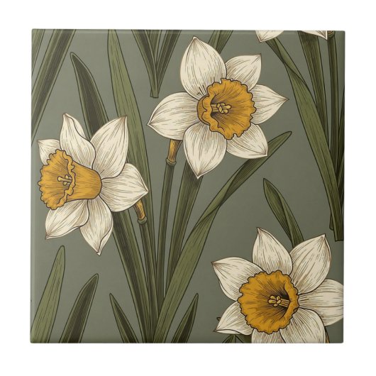 Lente Gele Narcis Bloem Botanisch Patroon Tegeltje (Voorkant)