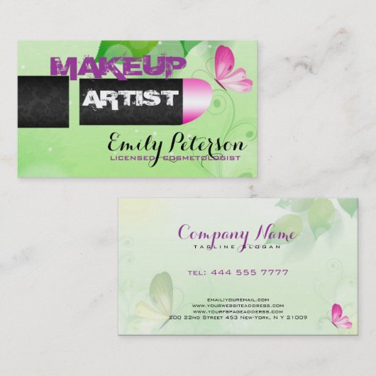 Lente Groene Achtergrond Make-up Artiest Visitekaartje (Voorkant / Achterkant)