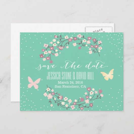 Lente groene vlinder en bloemen sparen de Datum Aankondigingskaart (Voorkant / Achterkant)