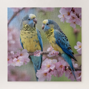 Lente Harmonie: Blauwe en Gele Budgies Legpuzzel