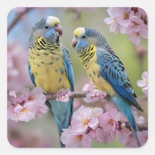 Lente Harmonie: Blauwe en Gele Budgies Vierkante Sticker
