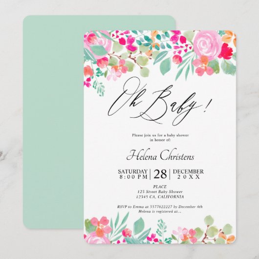 Lente heldere roze waterverf baby shower kaart (Voorkant / Achterkant)