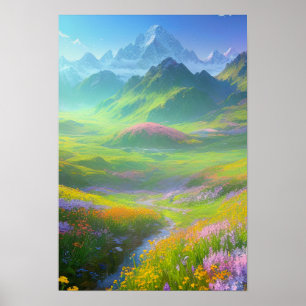Lente in de vallei van Snowy Peaks Poster