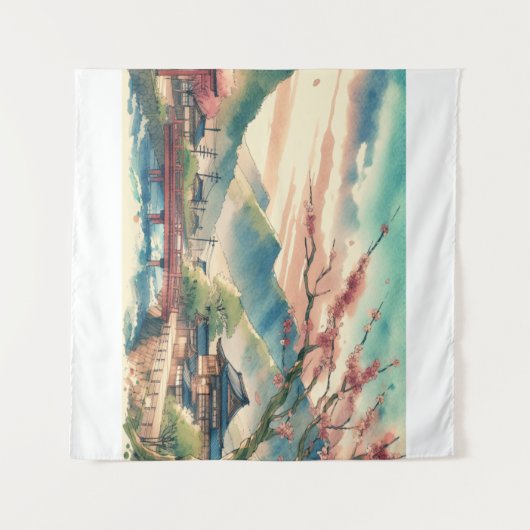 Lente in een Japans Waterverf landschap Wandkleed (Voorkant (horizontaal))