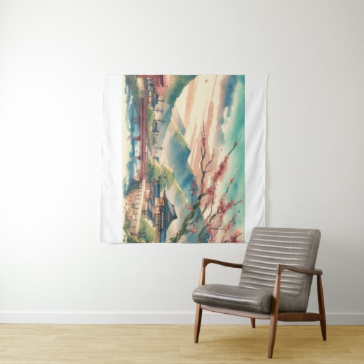 Lente in een Japans Waterverf landschap Wandkleed (In Situ (horizontaal))