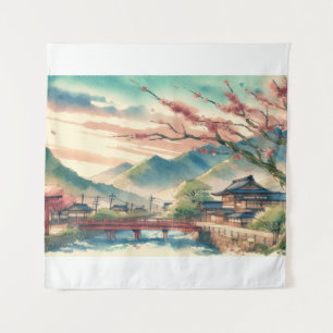Lente in een Japans Waterverf landschap Wandkleed
