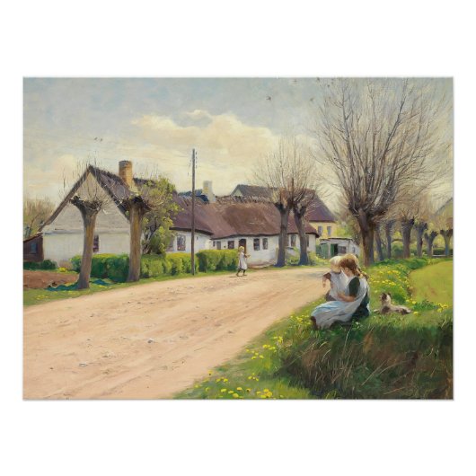 Lente in het dorp met meisjes langs de weg perfect poster (Voorkant)