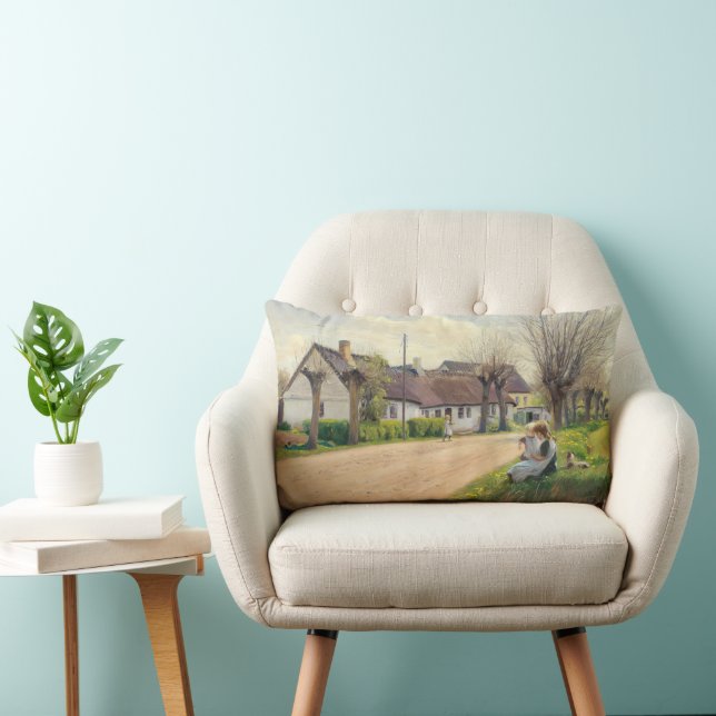 Lente in het dorp met meisjes op de weg kussen (Stoel)