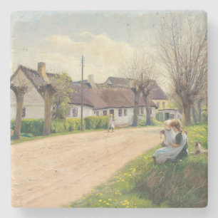 Lente in het dorp met meisjes op de weg stenen onderzetter