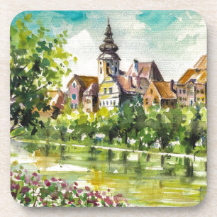 Lente in kleine stad op de rivier drankjes onderzetter