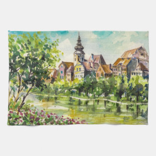 Lente in kleine stad op de rivier theedoek