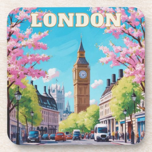 Lente in Londen Cork Onderzetter – Classic UK Trav (Voorkant)