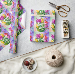 "Lente is hier" Tulp Boeket Illustratie Cadeaupapier