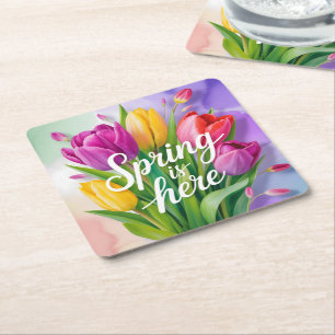 "Lente is hier" Tulpboeket Illustratie Kartonnen Onderzetters