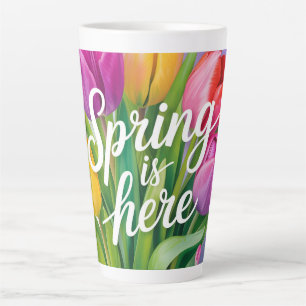 "Lente is hier" Tulpboeket Illustratie Latte Mok
