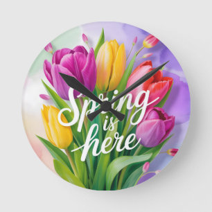 "Lente is hier" Tulpboeket Illustratie Ronde Klok