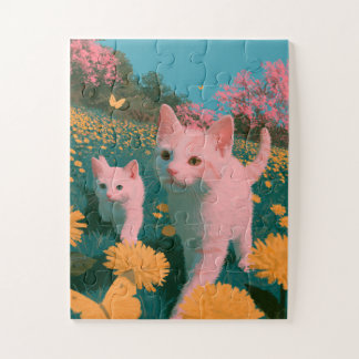 Lente katjes in weide met wilde bloemen illustrati legpuzzel
