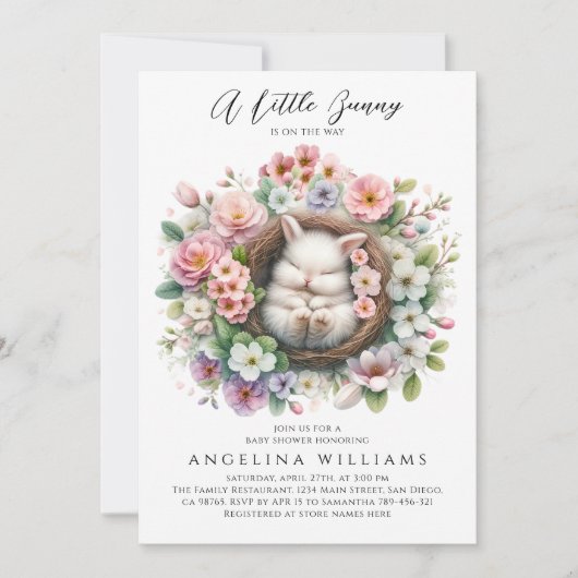 Lente kleurrijke bloemenkonijn Baby Meisje Douche Kaart (Voorkant)