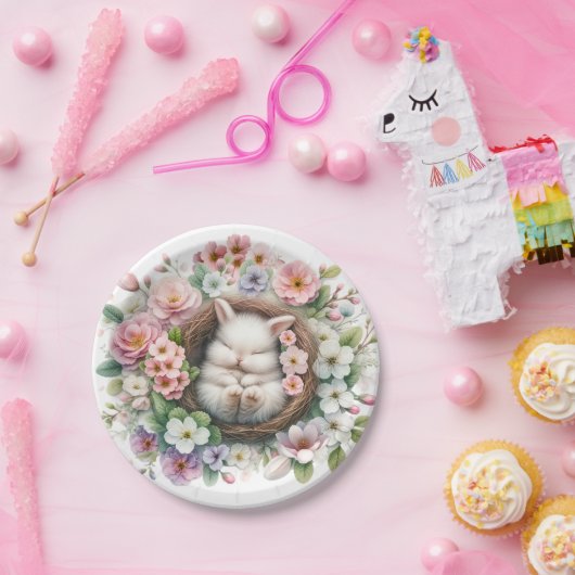 Lente kleurrijke bloemenkonijn Baby Meisje Douche Papieren Bordje (Feest)