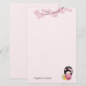 Lente Kokeshi Doll Leuke Geisha Meisje Roze Briefpapier (Voorkant / Achterkant)