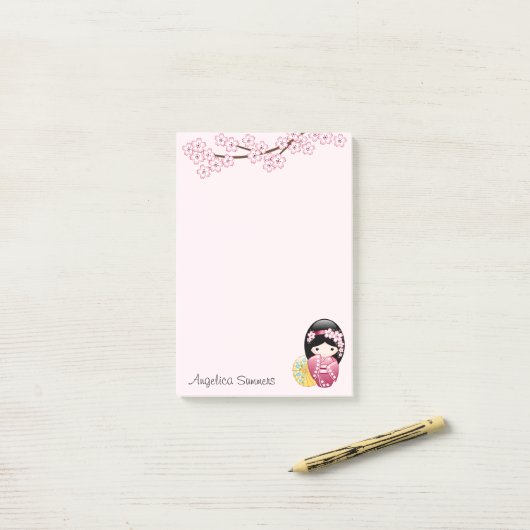Lente Kokeshi Doll Leuke Geisha Meisje Roze Post-it® Notes (Op bureau)