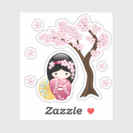 Lente Kokeshi Doll - Roze Kimono Geisha Meisje Sticker