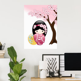 Lente Kokeshi-pop - Schattig Japans Geisha-meisje Poster