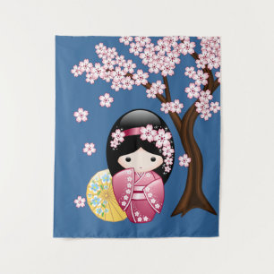 Lente Kokeshi-pop - Schattig Japans Geisha-meisje Wandkleed