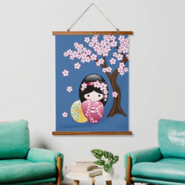 Lente Kokeshi Pop - Schattige Japanse Geisha Blauw Hangend Wandkleed