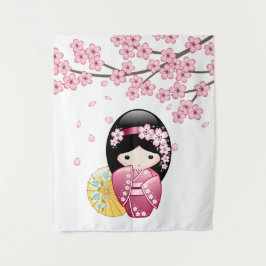 Lente Kokeshi Pop - Schattige Japanse Geisha Meisj Wandkleed