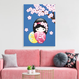 Lente Kokeshi-pop - Schattige Japanse Geisha op Bl Canvas Afdruk