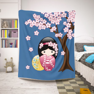 Lente Kokeshi-pop - Schattige Japanse Geisha op Bl Sherpa Deken