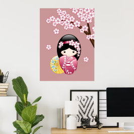 Lente Kokeshi Pop - Schattige Japanse Geisha op Ro Poster