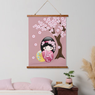 Lente Kokeshi Pop - Schattige Japanse Geisha Roze Hangend Wandkleed