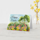 Lente Konijnen in de Tuin Gelukkig Pasen Kaart (Gele Bloem)