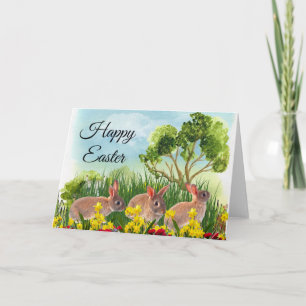 Lente Konijnen in de Tuin Gelukkig Pasen Kaart