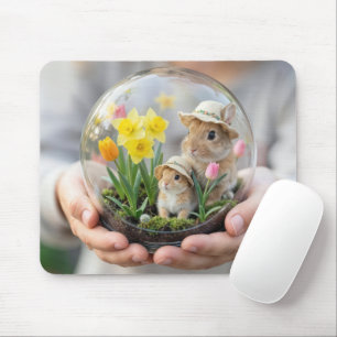 Lente Konijnen in Terrarium Vastgehouden door Hand Muismat