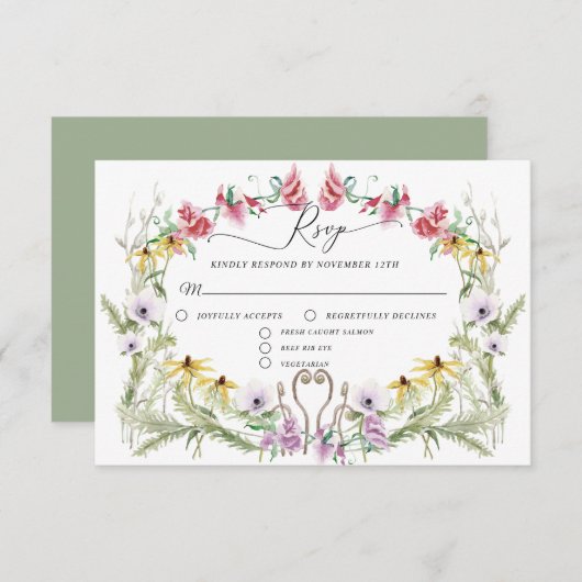 Lente krans met wilde bloemen Moderne bloem typogr RSVP Kaartje (Voorkant / Achterkant)