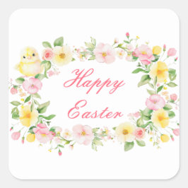 Lente Kuiken Bloemstuk Pasen Eierenjacht Feest Vierkante Sticker