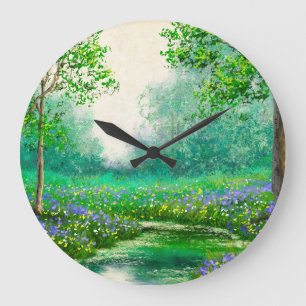 Lente landschap olieverfschilderij, bos. grote klok