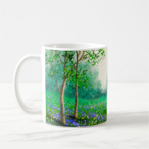 Lente landschap olieverfschilderij, bos. koffiemok
