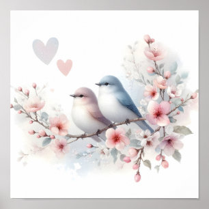 Lente Liefdes Vogels Kersenbloesem Bloemstuk Poster