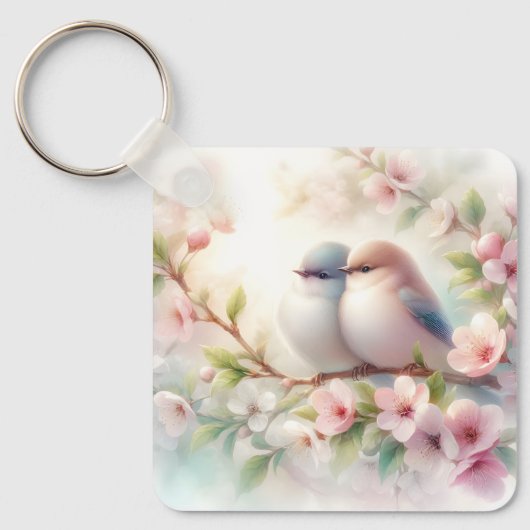 Lente Liefdes Vogels Kersenbloesem Bloemstuk Sleutelhanger (Voorkant)