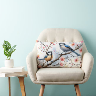 Lente lumbale kussen met bloemen en vogels.