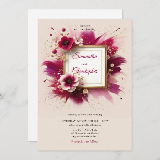 Lente magenta bloemen en faux gouden lijst bruilof kaart (Voorkant / Achterkant)