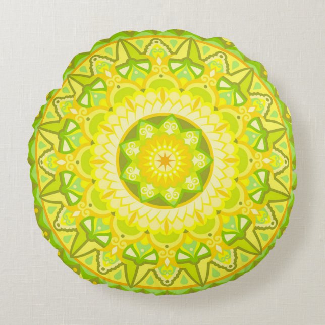 Lente Mandala Groen Geel Boho Bloem Rond Kussen (Voorkant)