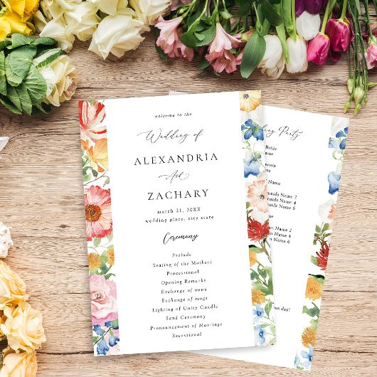 Lente Meerkleurige Bloemen Huwelijksprogramma Kaart